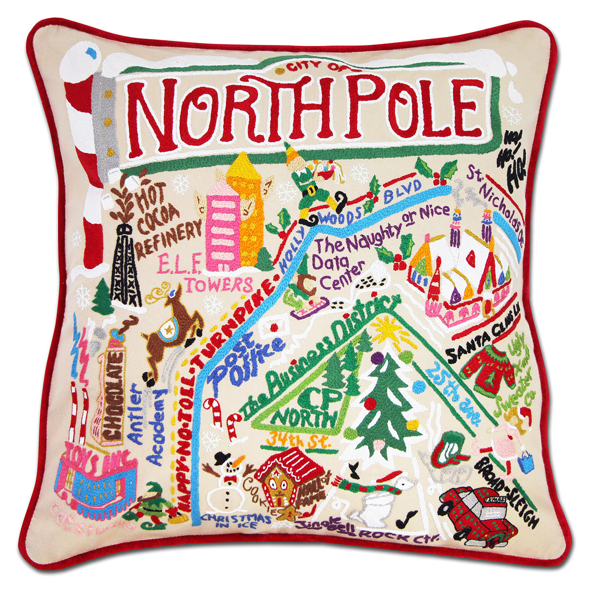 North Pole City XL holiday embroidered throw pillow depicting Santa's workshop.