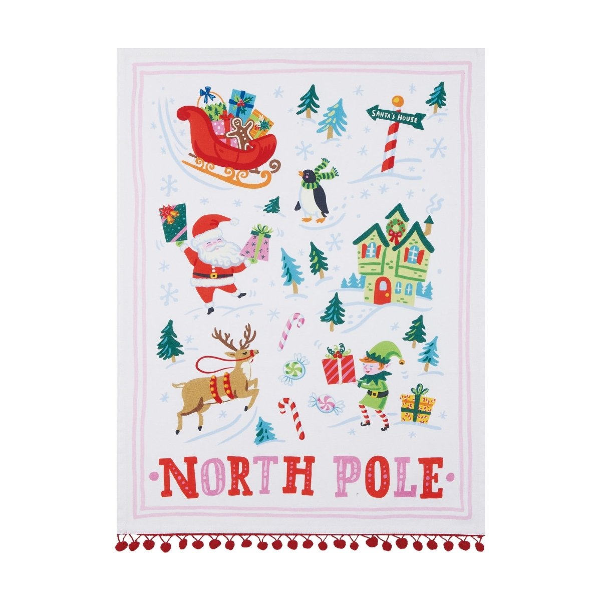 North Pole with Pom Poms Christmas Kitchen Towel, 18x25 inch, front view