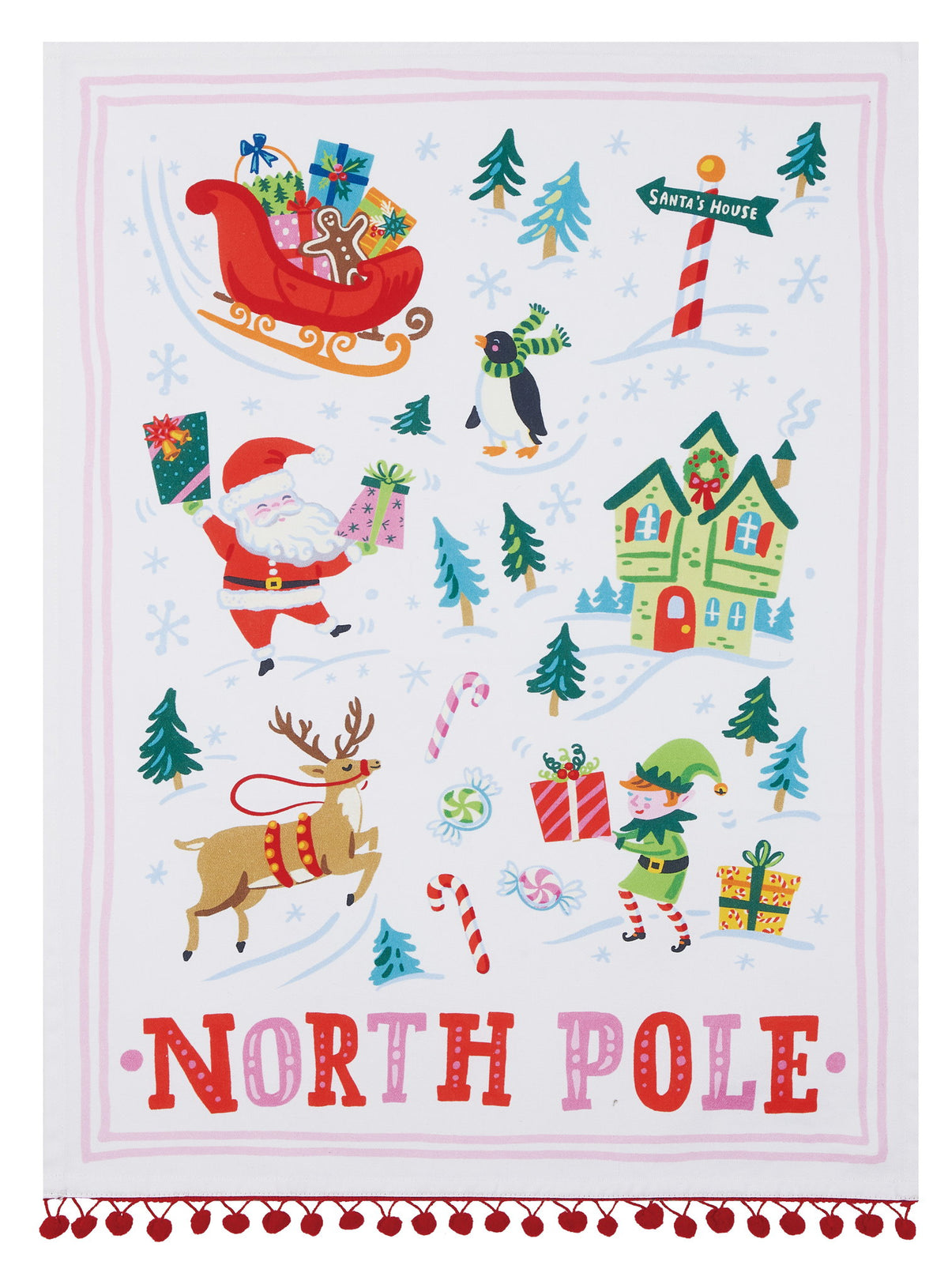 North Pole with Pom Poms Christmas Kitchen Towel, 18x25 inch, front view