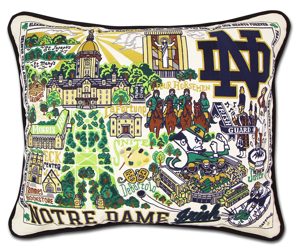 Notre Dame Fighting Irish hand-embroidered throw pillow featuring school colors and mascot imagery