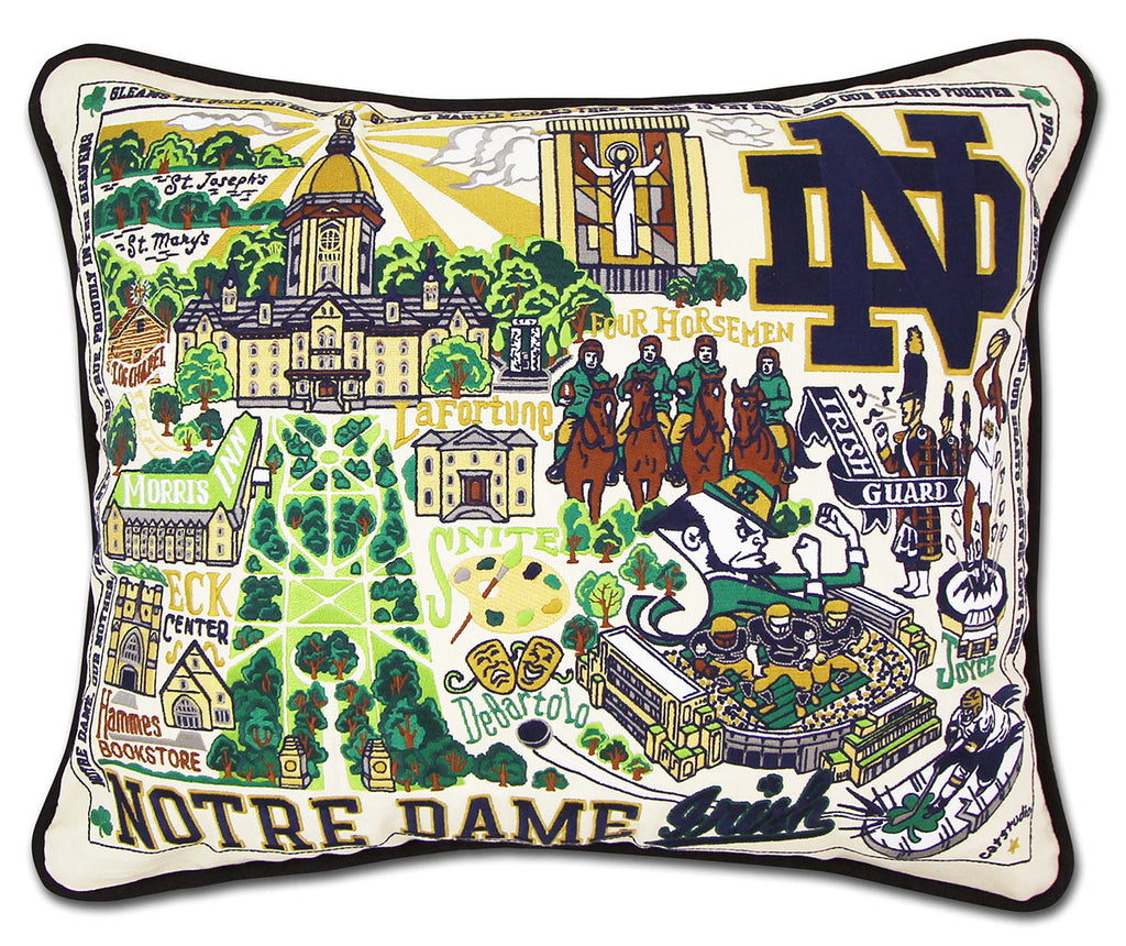 University of Notre Dame Fighting Irish embroidered pillow with school mascot.