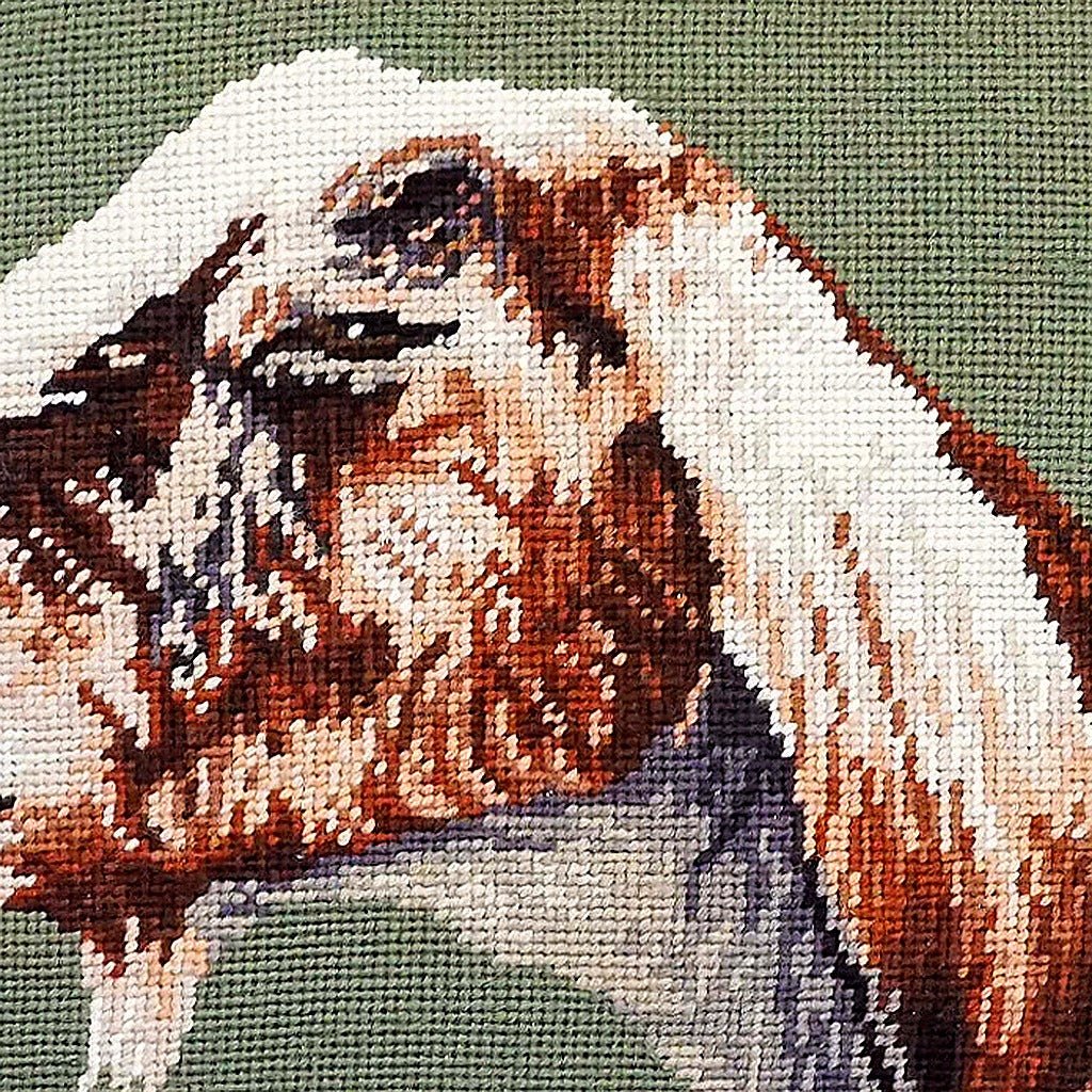 Closeup of Nubian Goat Farm Ranch needlepoint throw pillow highlighting hand-stitched wool craftsmanship and fabric detail