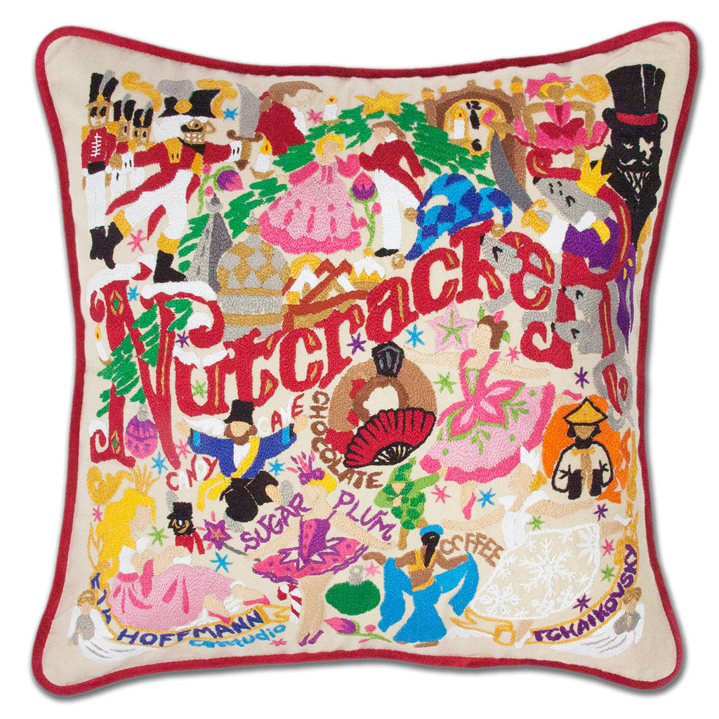 Nutcracker XL holiday embroidered throw pillow with festive nutcracker design.