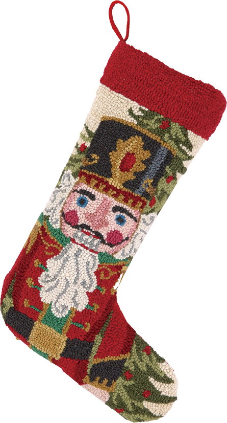 Nutcracker in Red Hooked Wool Christmas Stocking, 13x21 inch, front view