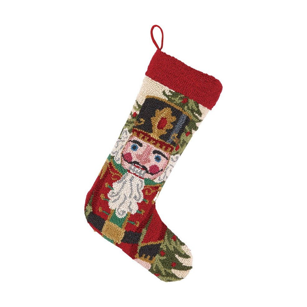 Nutcracker in Red Hooked Wool Christmas Stocking, 13x21 inch, front view