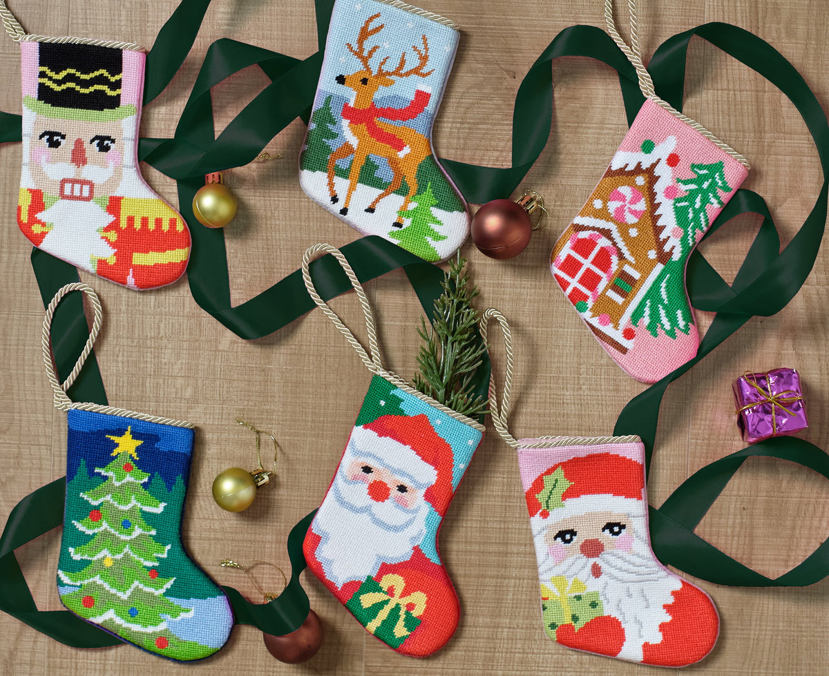 Nutcracker Portrait Mini Embroidered Needlepoint Christmas Stocking, 6x4 inch, six mini stockings on burlap with green ribbon