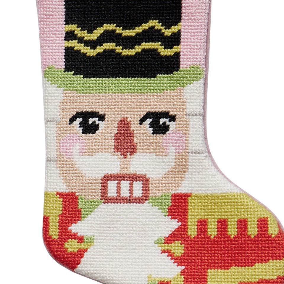 Nutcracker Portrait Mini Embroidered Needlepoint Christmas Stocking, close-up detail