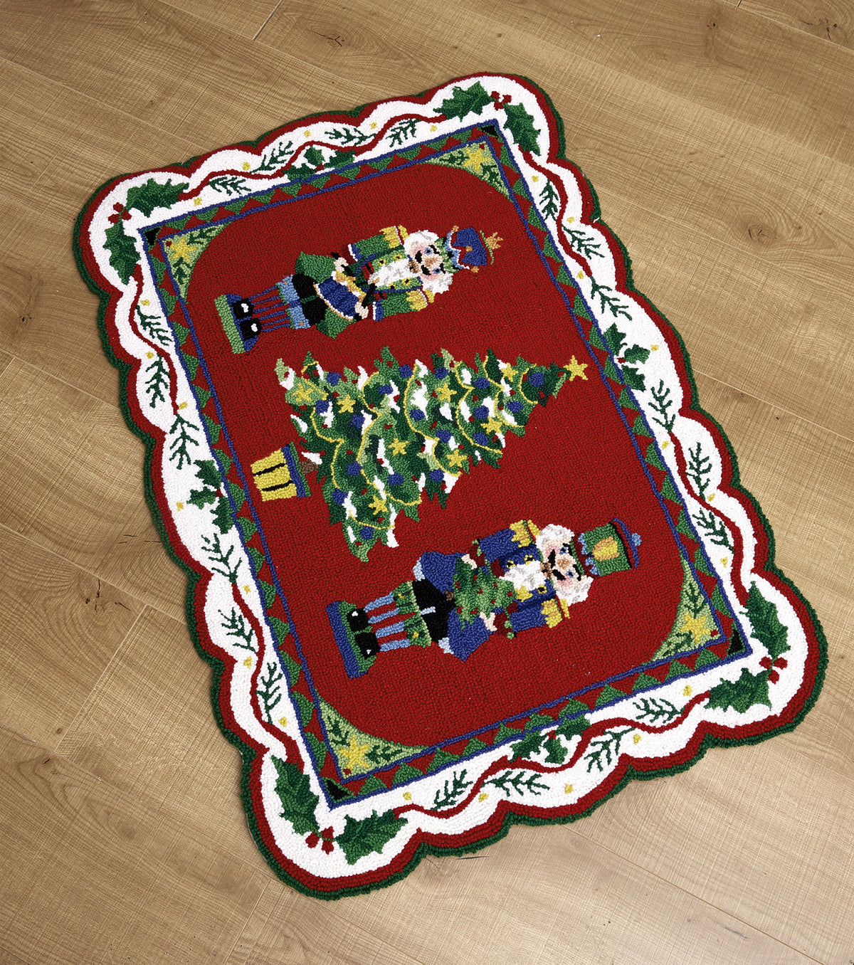 Nutcracker Tree Hooked Wool Christmas Rug, 27x40 inch, closer view of the rug