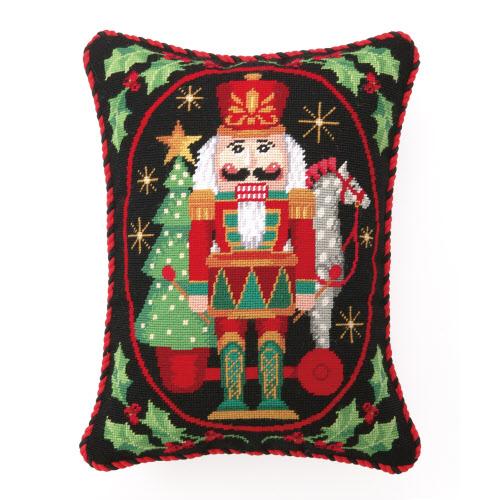 Nutcracker with Pull Toy Wool Needlepoint Christmas Throw Pillow, 14x18 inch, front view