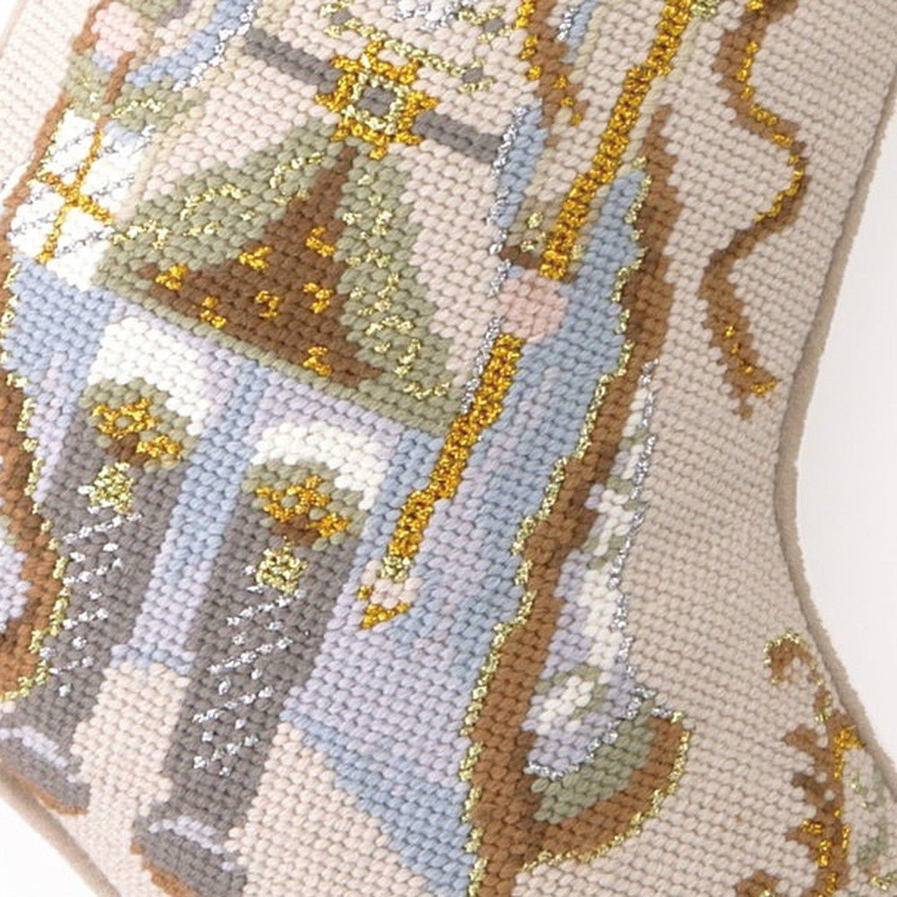 Closeup of Nutcracker Wool Needlepoint Christmas Stocking showing stitch texture and craftsmanship detail