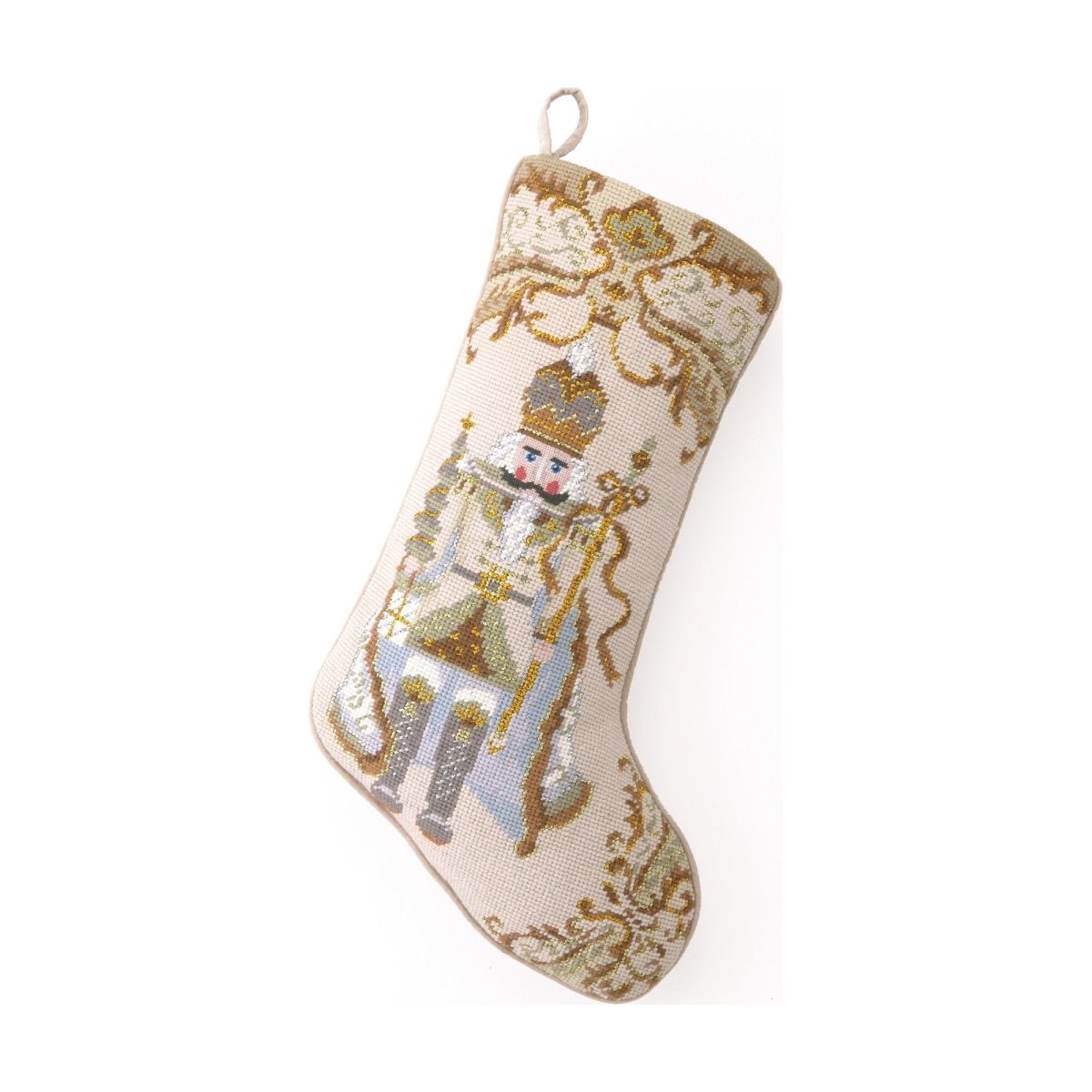 Nutcracker Wool Needlepoint Christmas Stocking, 11x18 inch, front view