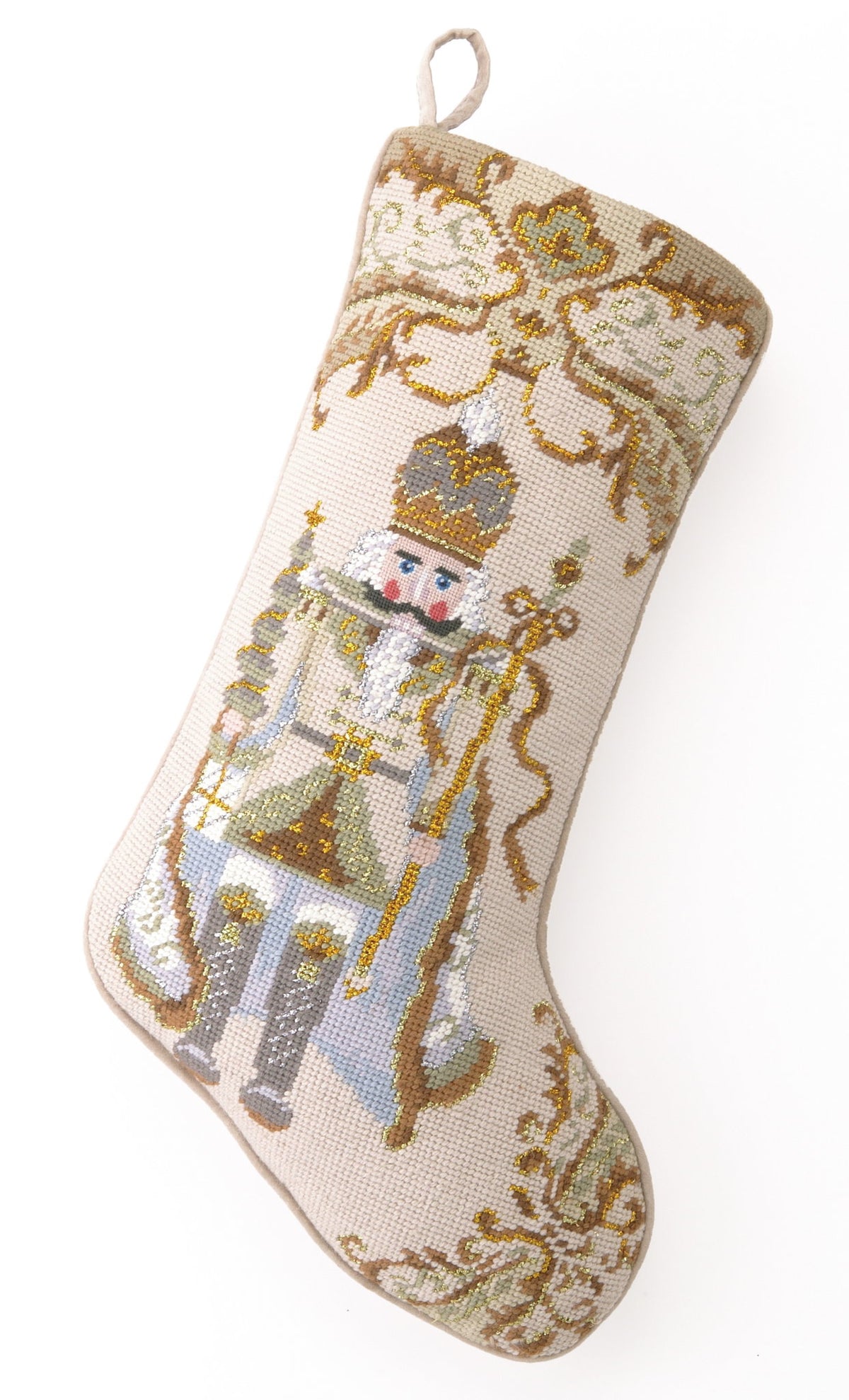 Nutcracker Wool Needlepoint Christmas Stocking, 11x18 inch, front view