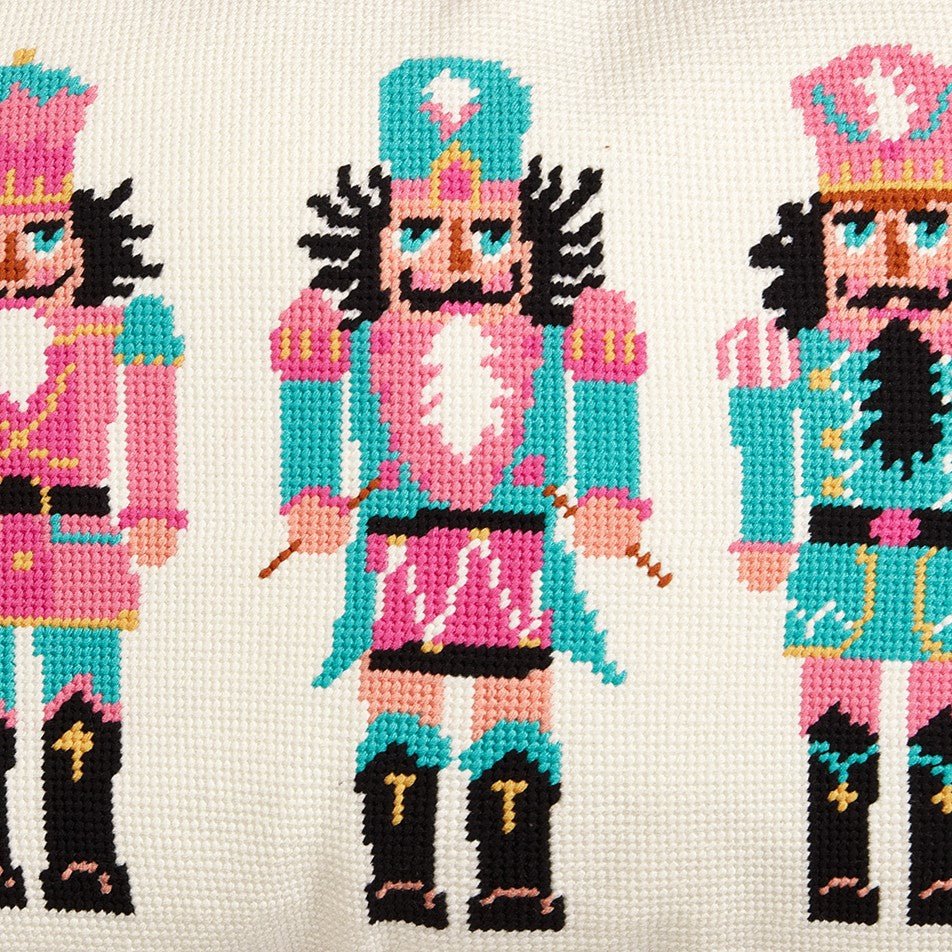 Nutcrackers Embroidered Needlepoint Christmas Throw Pillow, close-up detail