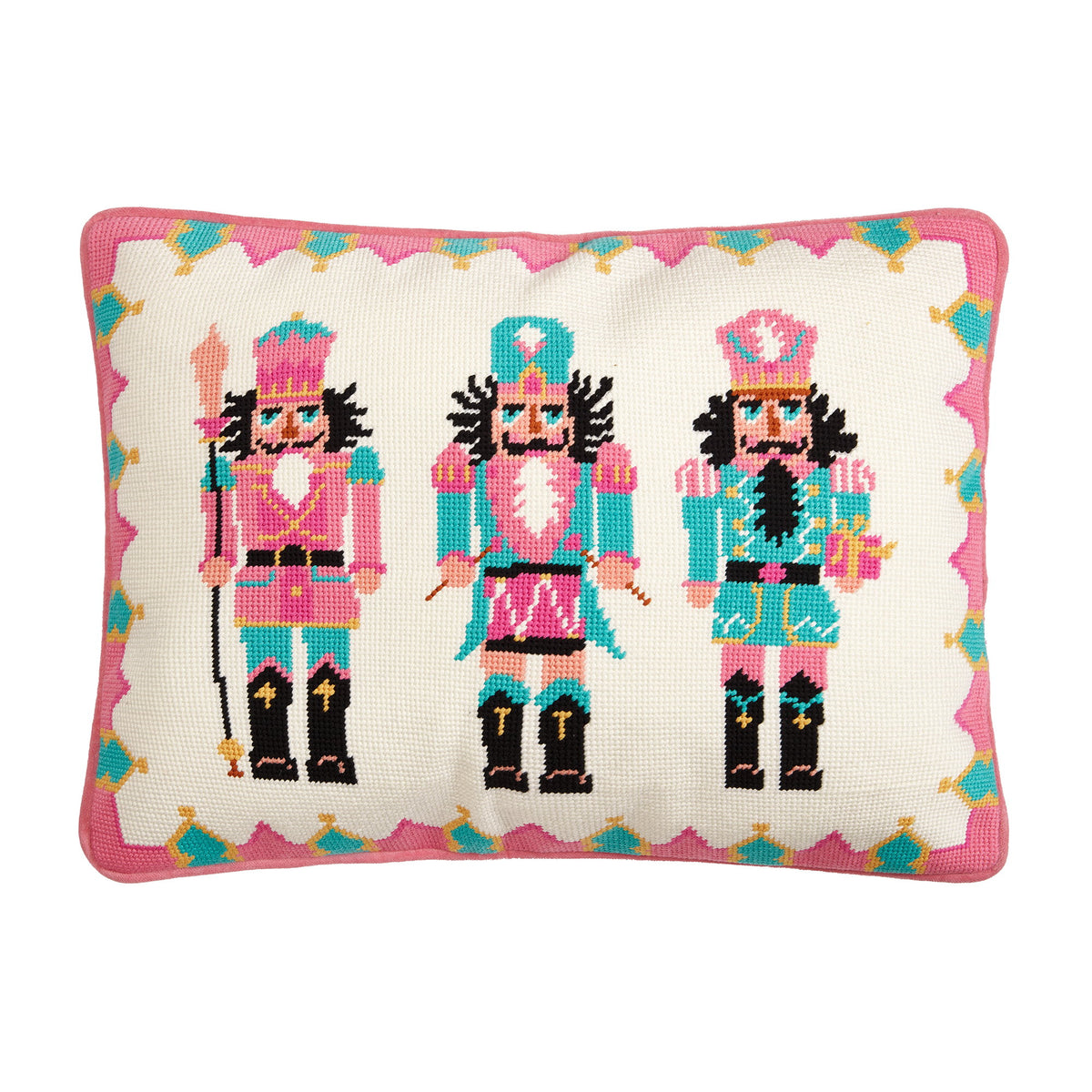 Nutcrackers Embroidered Needlepoint Christmas Throw Pillow, 14x18 inch, front view