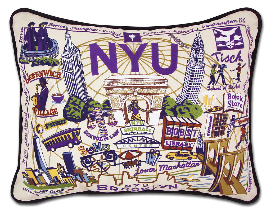 New York University NYU Violets embroidered throw pillow with school logo.