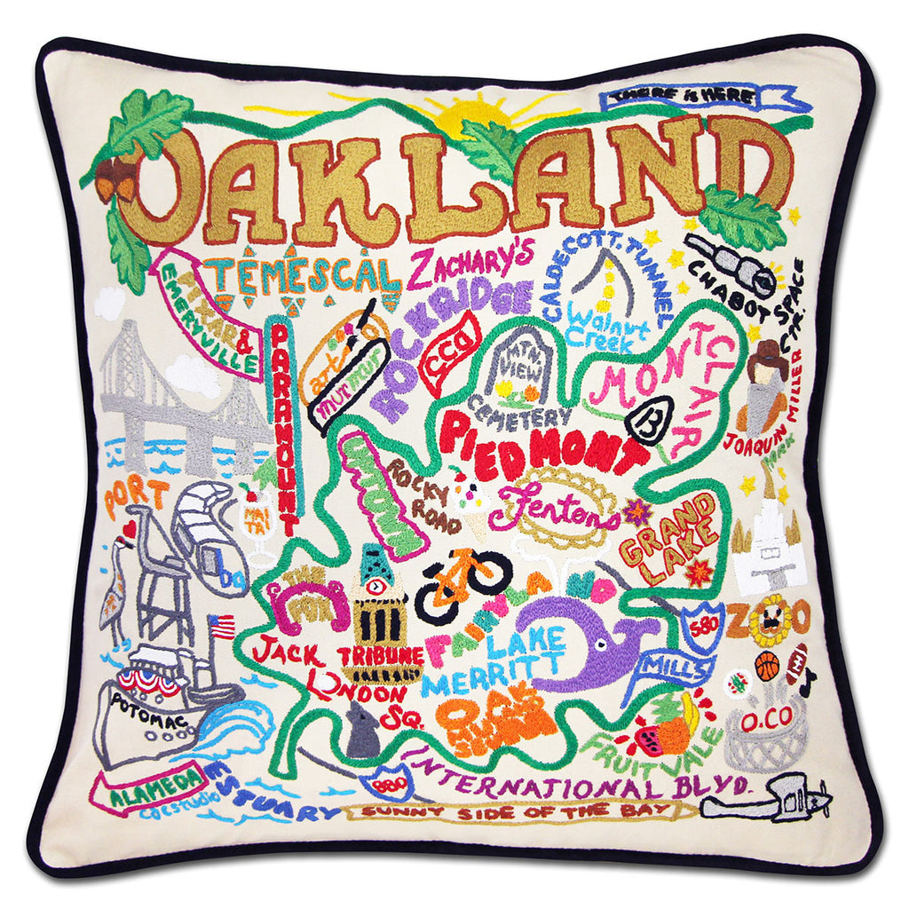 Oakland, CA Bay City embroidered throw pillow with cityscape.