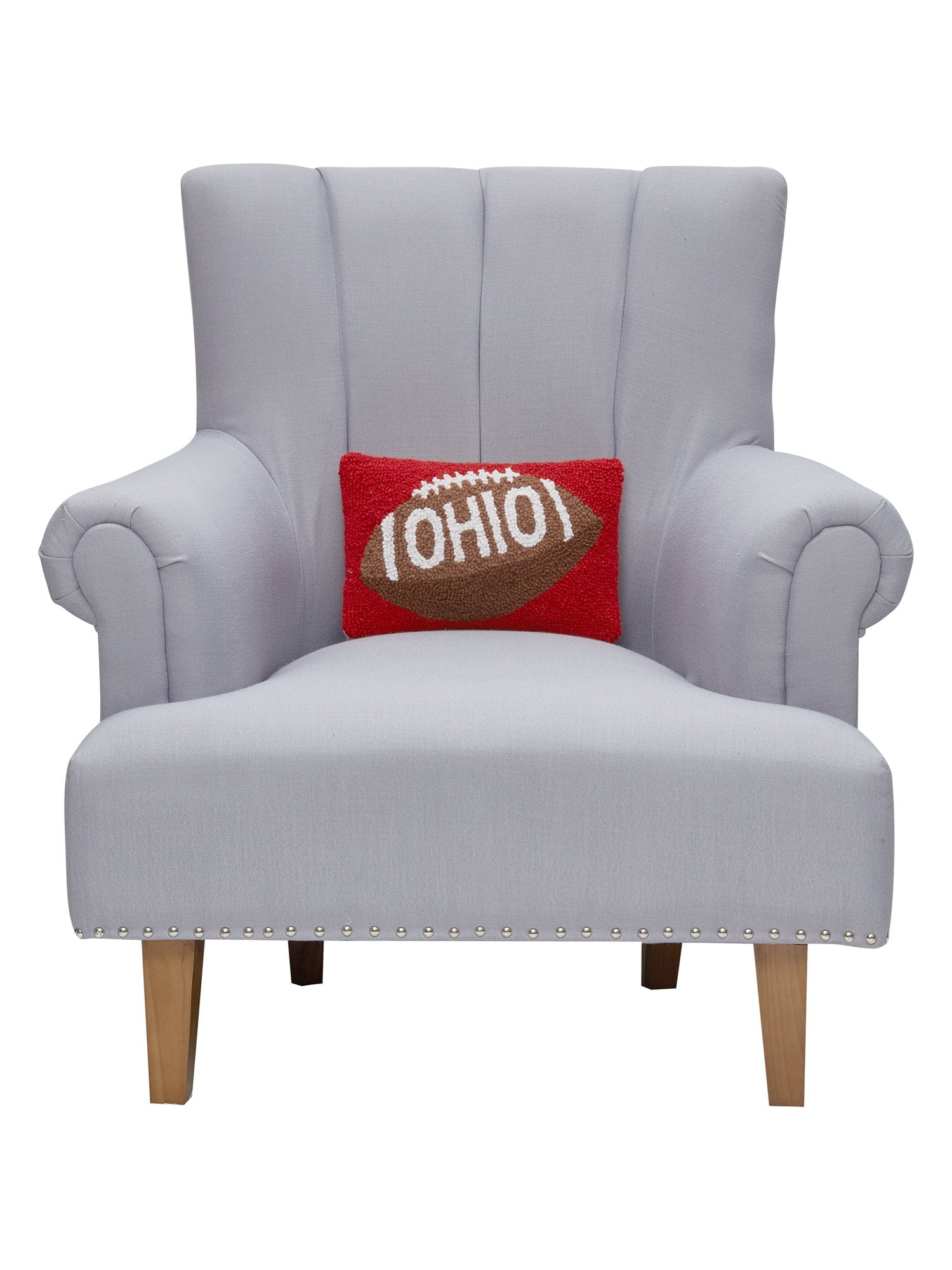 Ohio Hooked Wool Throw Pillow on an armchair, showing the throw pillow at room scale, 8x12 inch