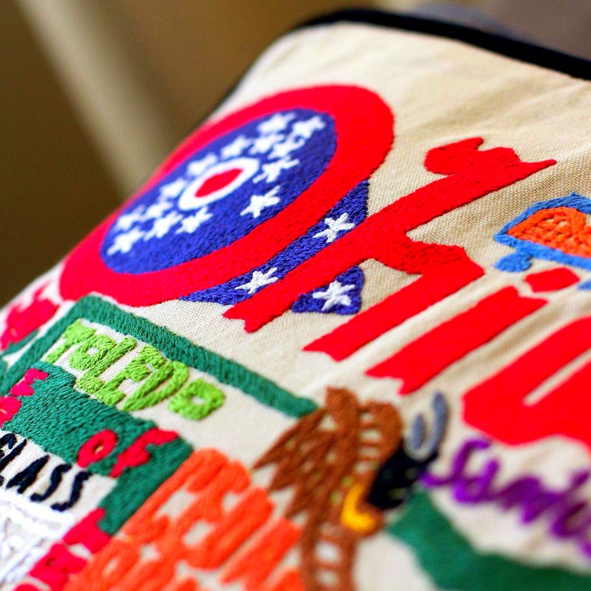 Ohio State Buckeye Travel Embroidered Throw Pillow - close-up detail of hand-embroidered needlepoint stitching