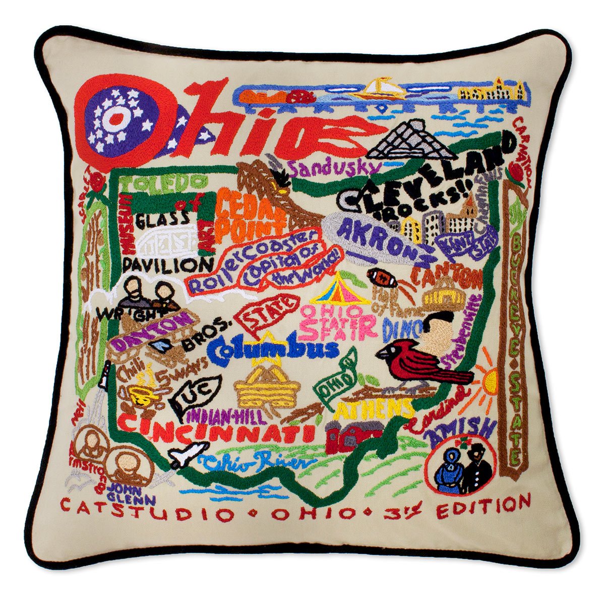 Ohio State University Buckeyes hand-embroidered throw pillow featuring school colors and mascot imagery