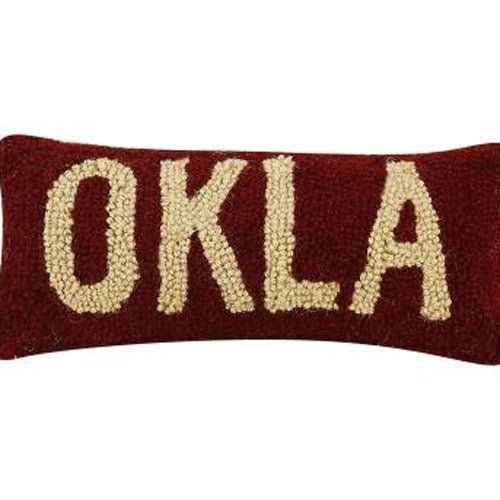 Oklahoma Red/White Hooked Wool Throw Pillow, close-up detail