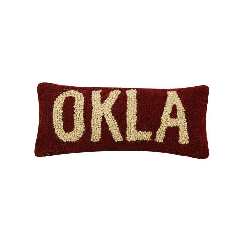 Oklahoma Red/White Hooked Wool Throw Pillow, 12x5 inch, front view