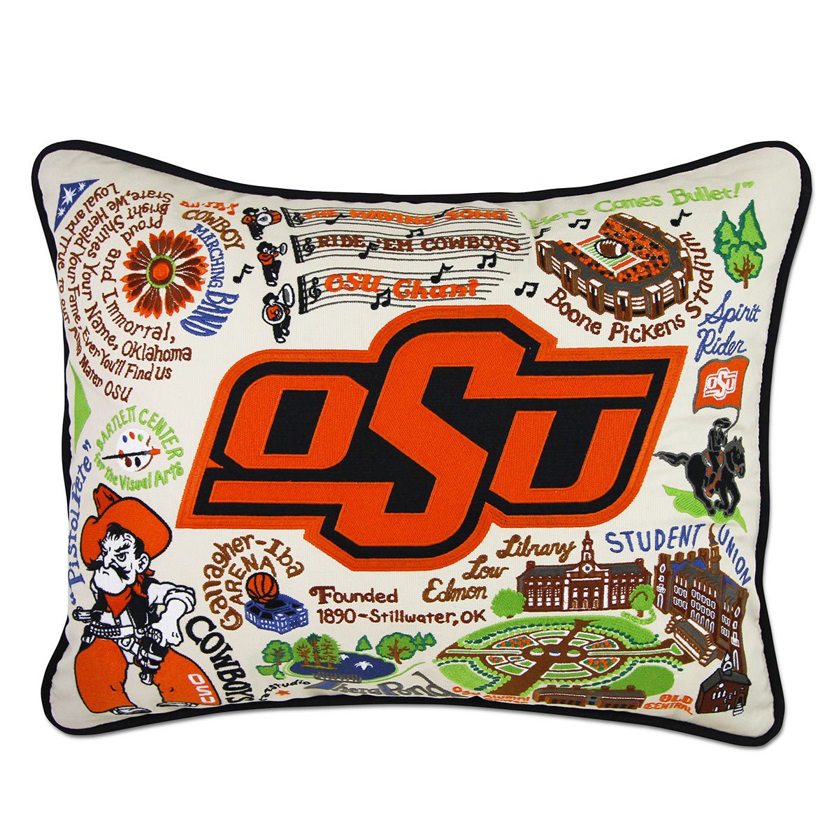 Oklahoma State Sooner hand-embroidered throw pillow showcasing iconic landmarks