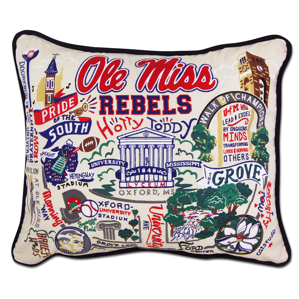 University of Mississippi Ole Miss Rebels embroidered pillow with school mascot.