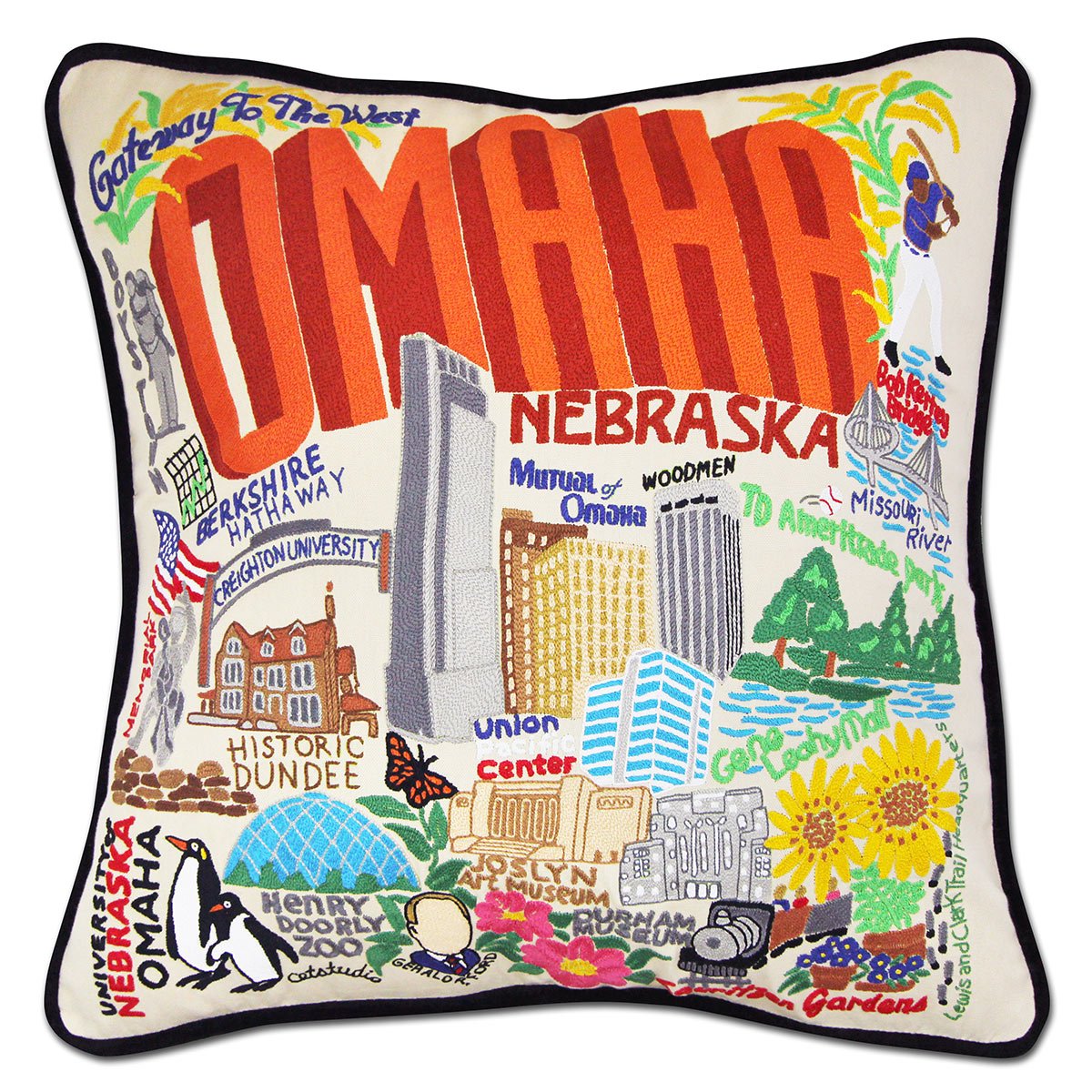 Omaha, NE Gateway City hand-embroidered throw pillow showcasing iconic landmarks