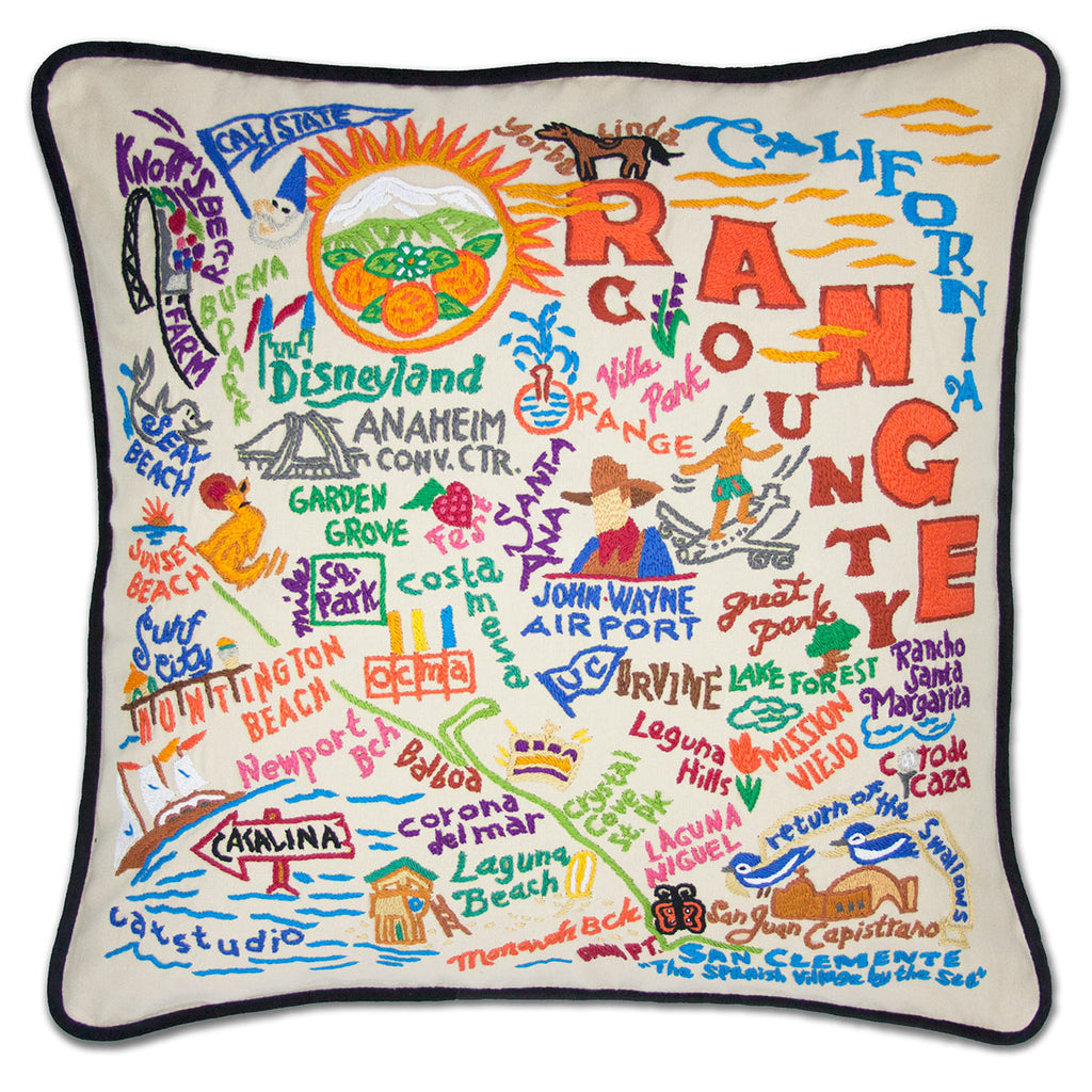 Orange County SoCal embroidered throw pillow with coastal design.