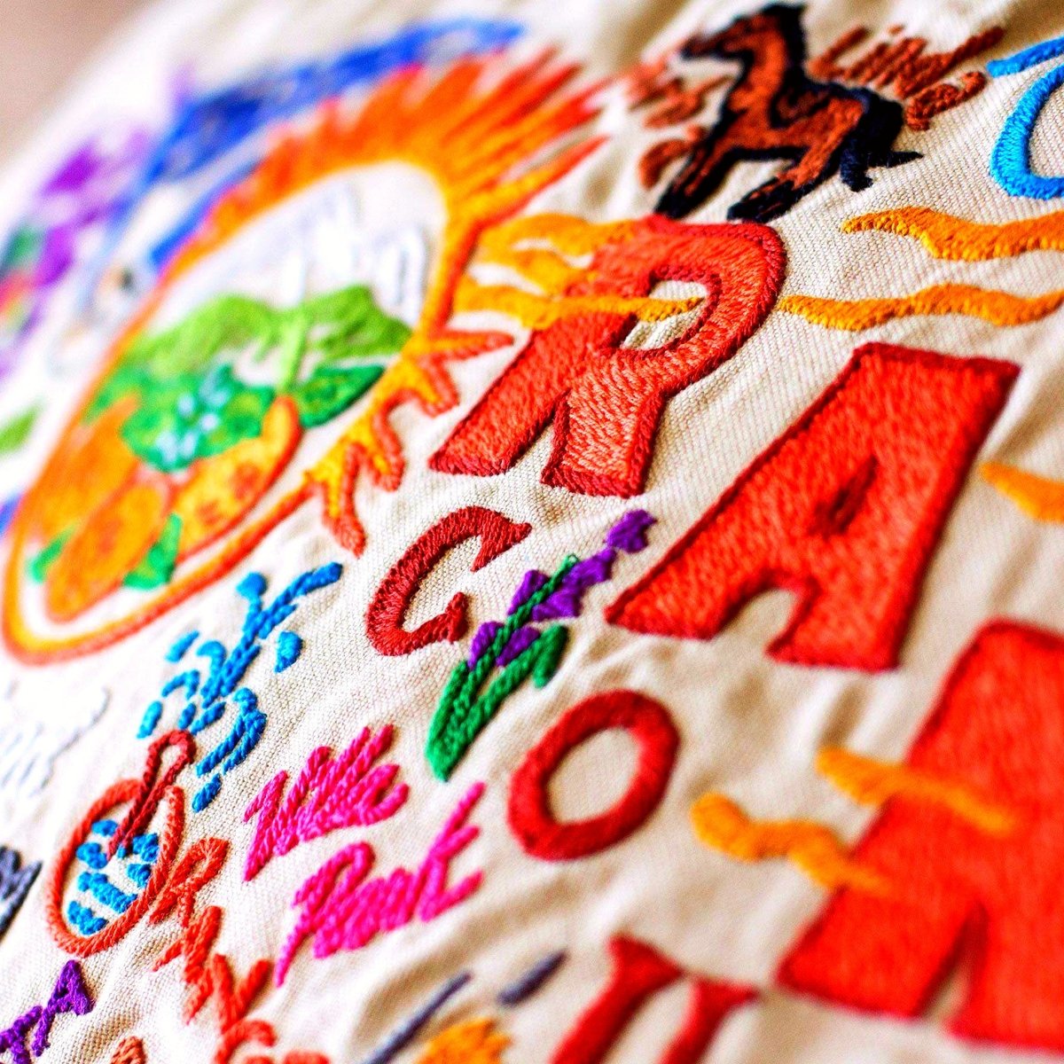 Orange County Embroidered Travel Throw Pillow - close-up detail of hand-embroidered needlepoint stitching