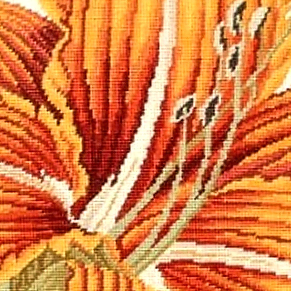 Hand-stitched wool detail of Orange Day Lily Botanical needlepoint pillow showing intricate weave pattern and texture