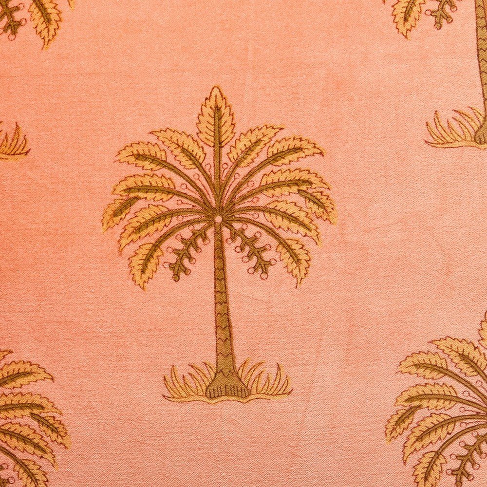 Closeup of Orange Palm Trees Printed Throw Pillow showing print and fabric detail
