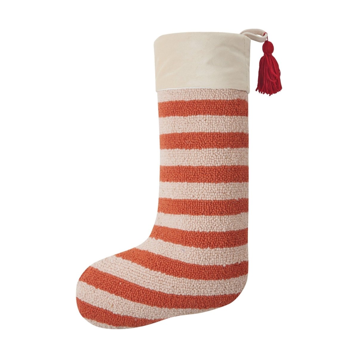Orange Stripe with Tassel Hooked Christmas Stocking, 12x20 inch, front view