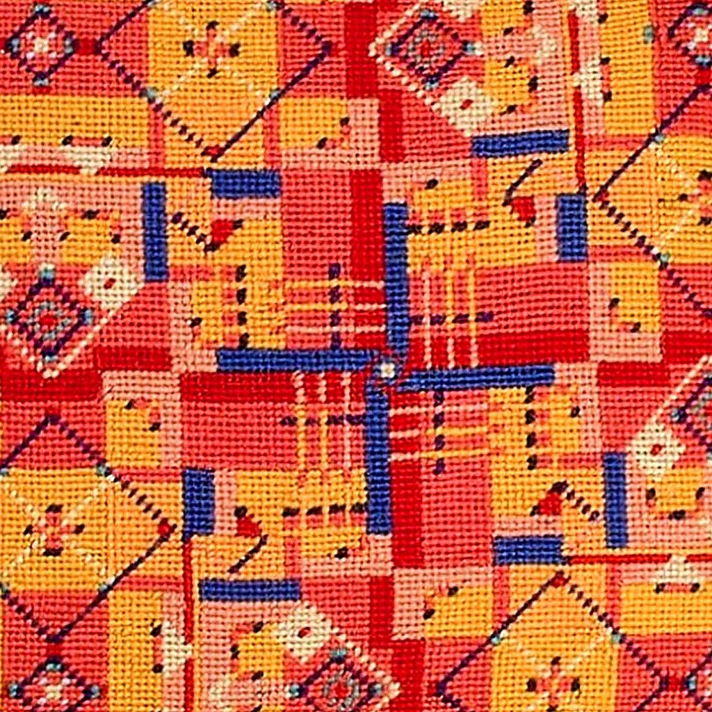 Orange Van Campen Rustic Lodge pillow fabric closeup showing hand-embroidered needlepoint wool texture and color detail