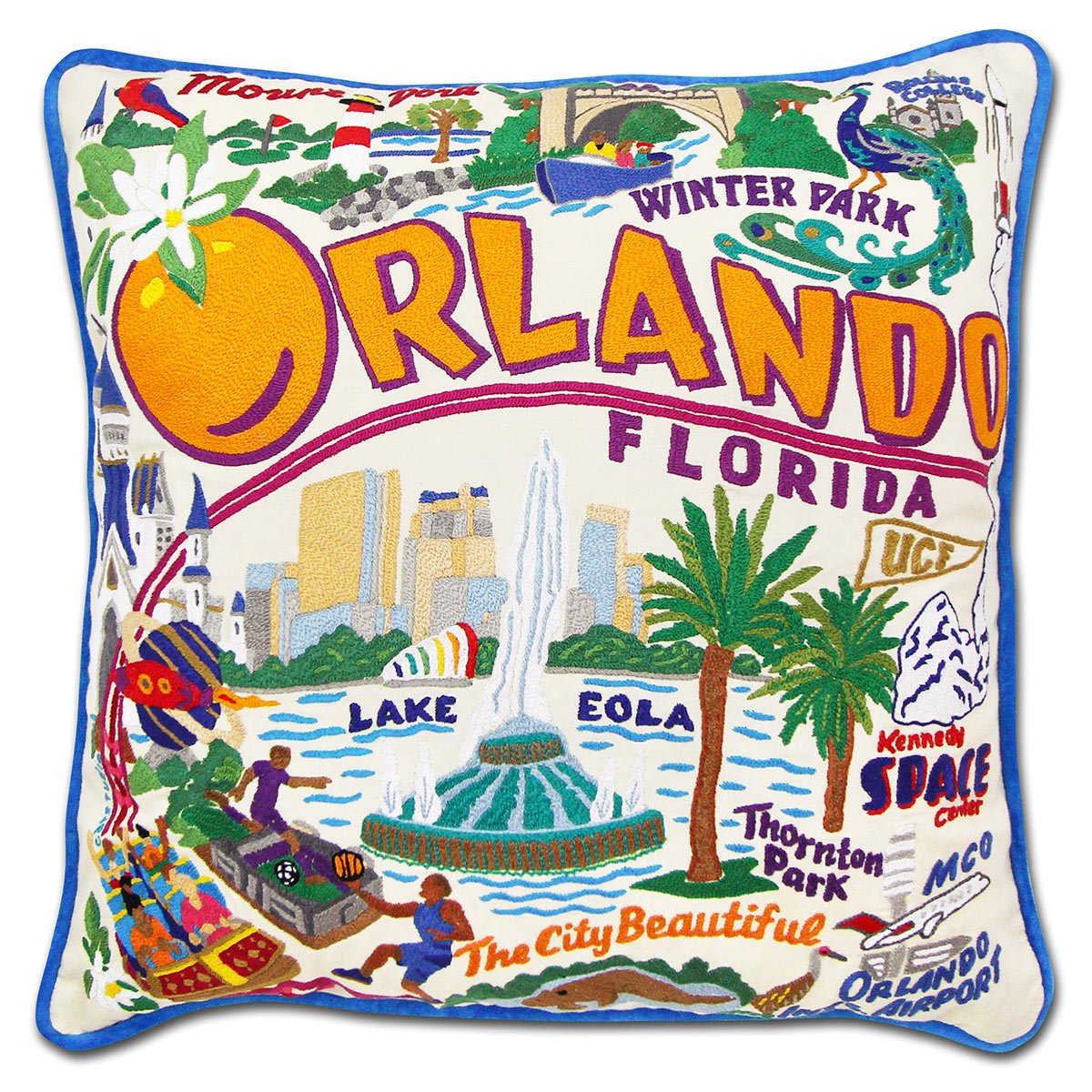 Orlando, FL Theme Park City hand-embroidered throw pillow showcasing iconic landmarks