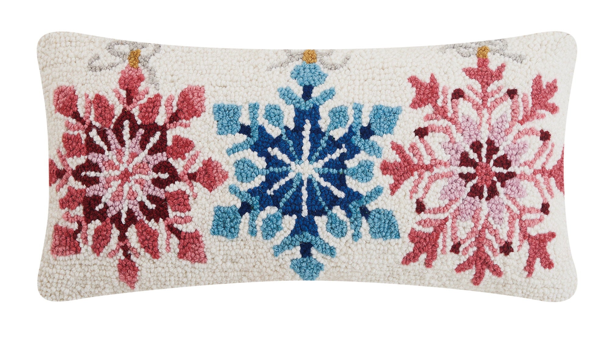 Ornaments Hooked Wool Christmas Throw Pillow, 9x18 inch, front view