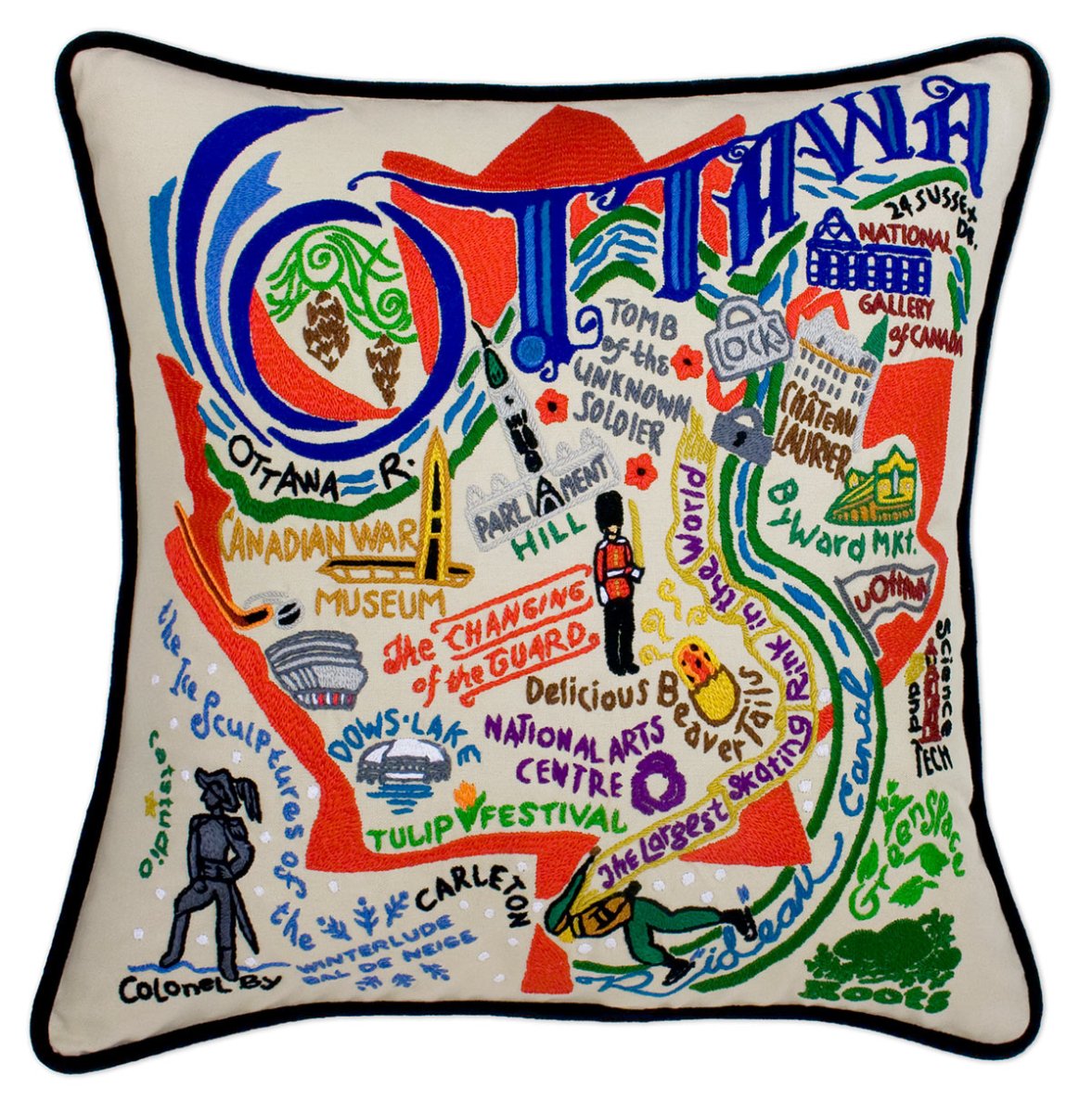 Ottawa Canada's Capital hand-embroidered throw pillow showcasing iconic landmarks