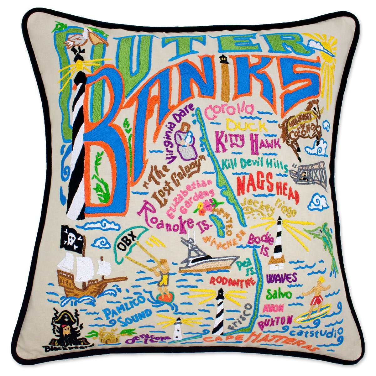 Outer Banks NC Seaside hand-embroidered throw pillow showcasing iconic landmarks
