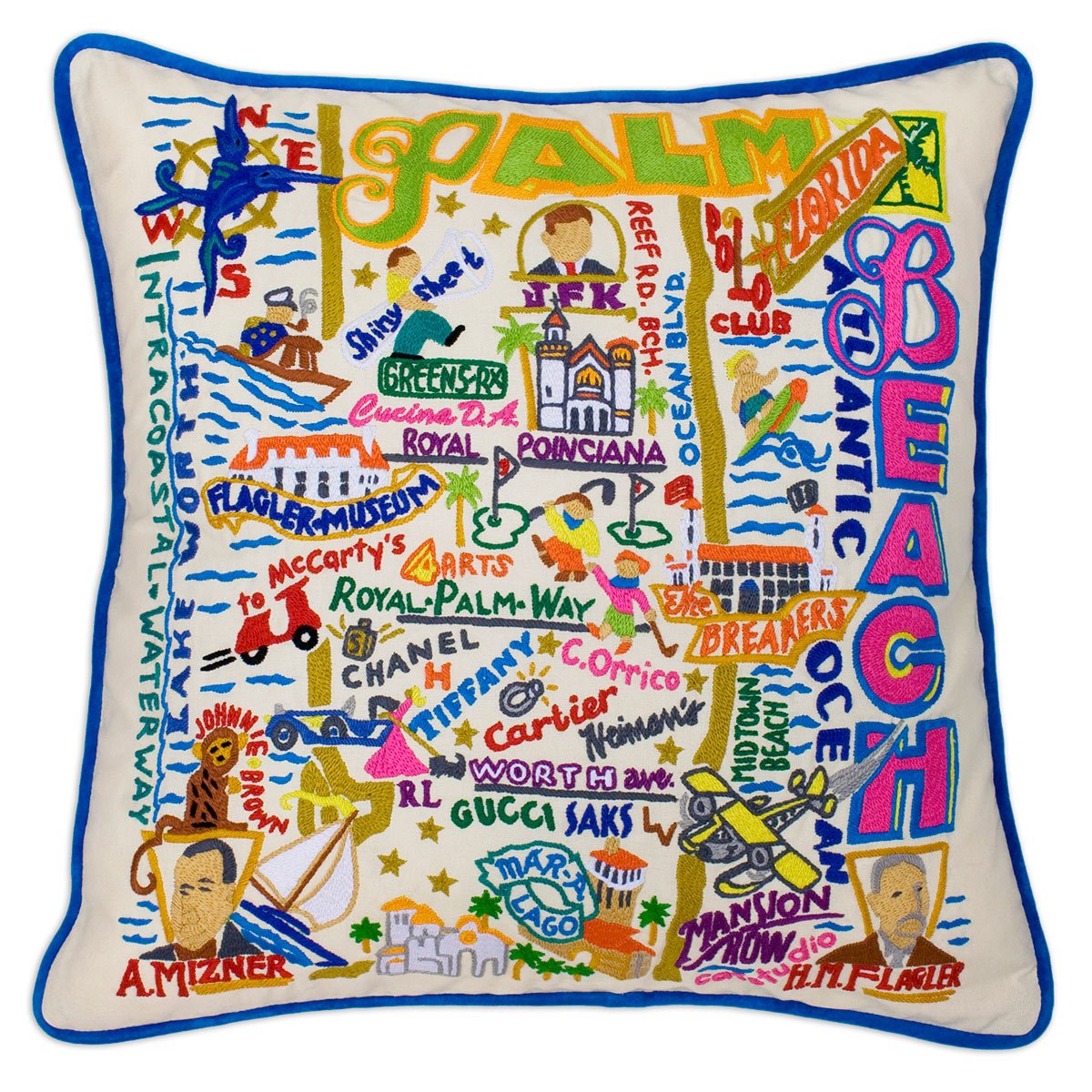 Palm Beach, FL Luxury Town hand-embroidered throw pillow showcasing iconic landmarks