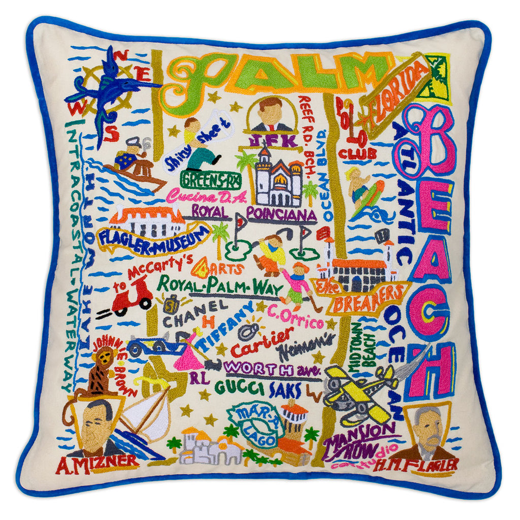Palm Beach, FL Luxury Town embroidered throw pillow with beach imagery.