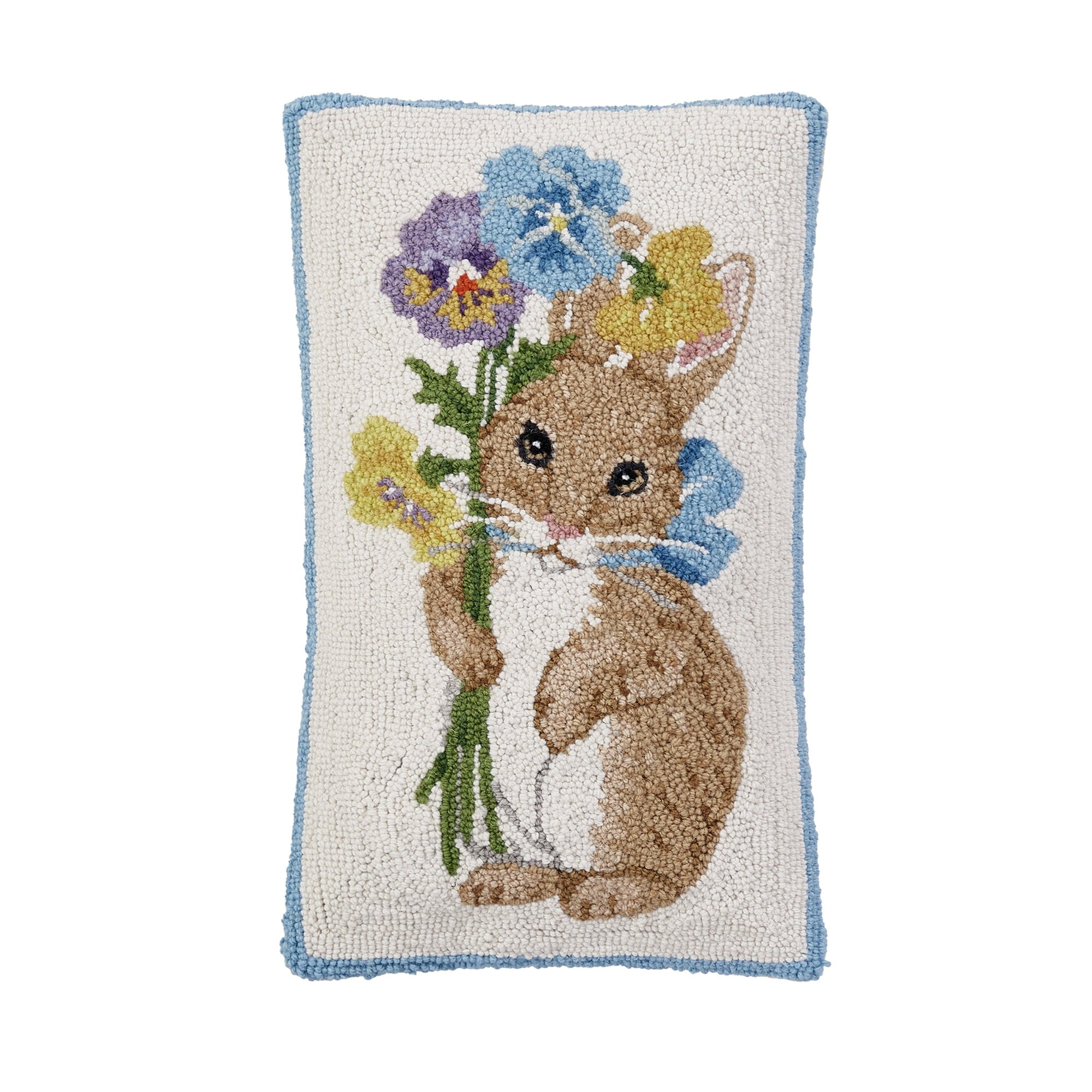 Pansy Rabbit Hooked Wool Easter Throw Pillow, 12x20 inch, front view
