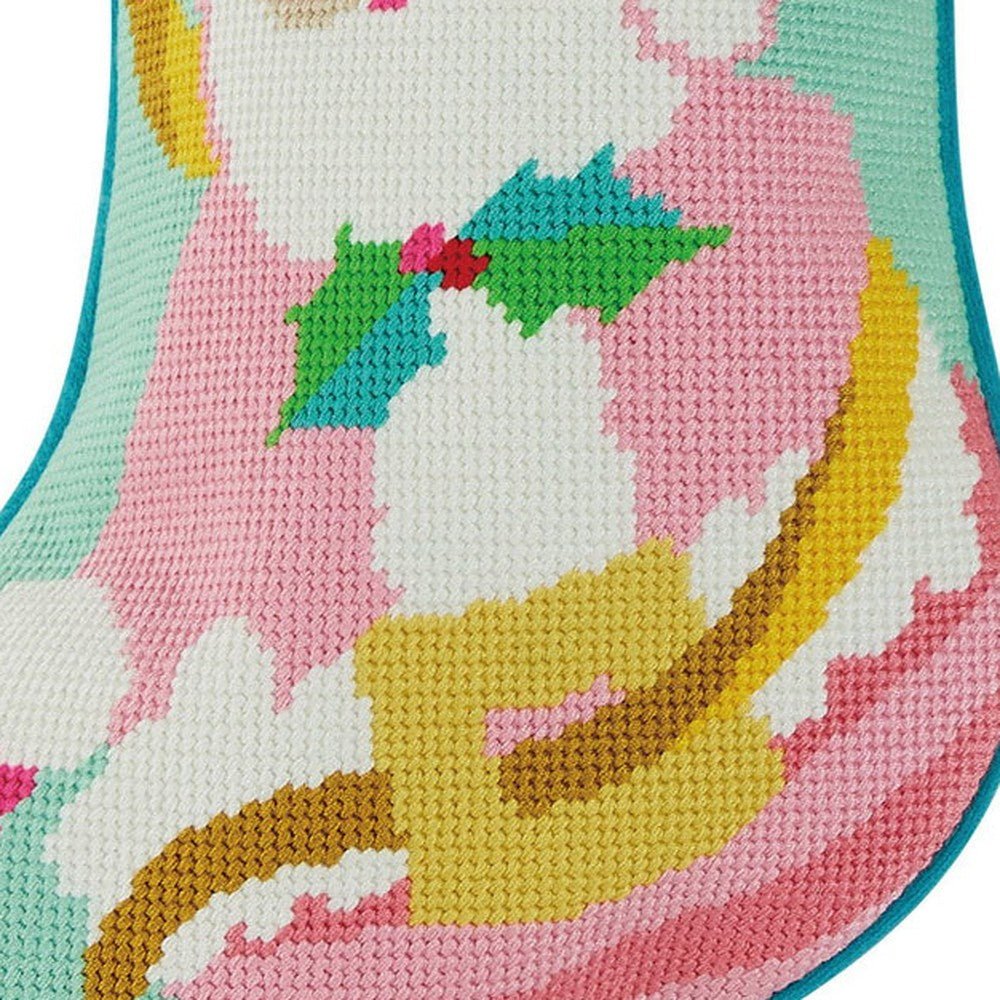 Closeup of Papa Noel Embroidered Needlepoint Christmas Stocking showing stitch texture and craftsmanship detail