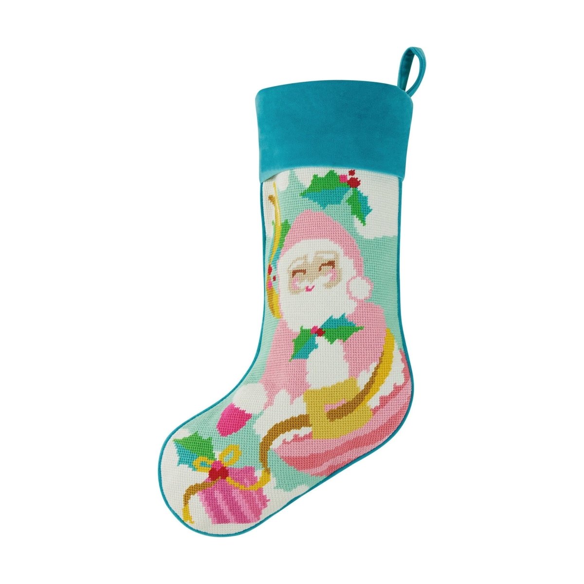 Papa Noel Embroidered Needlepoint Christmas Stocking, 11x18 inch, front view