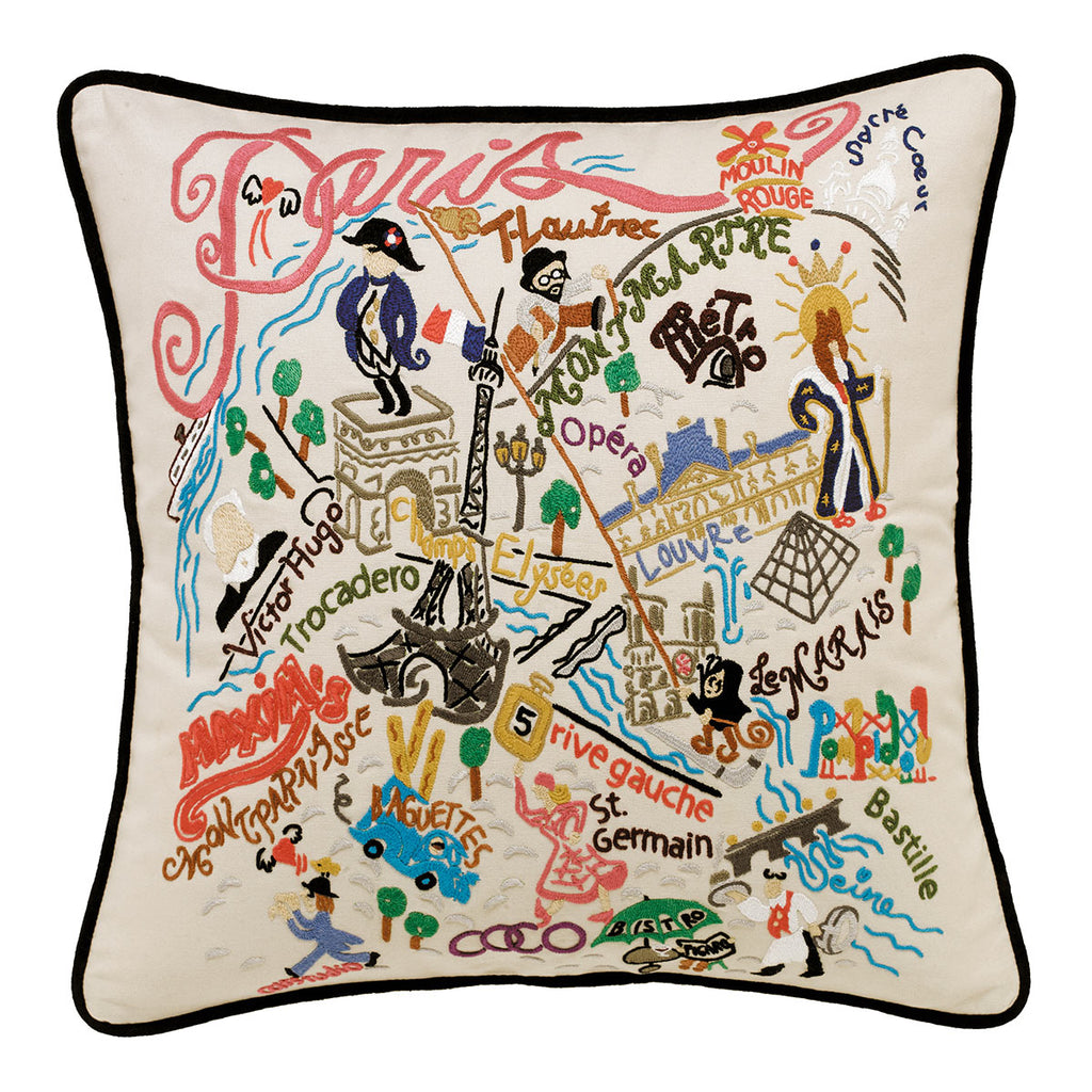 Romantic Paris France Love City embroidered throw pillow with Eiffel Tower.