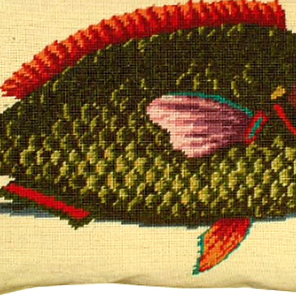 Closeup of Parrot Fish Rustic Wildlife needlepoint throw pillow highlighting hand-stitched wool craftsmanship and fabric detail