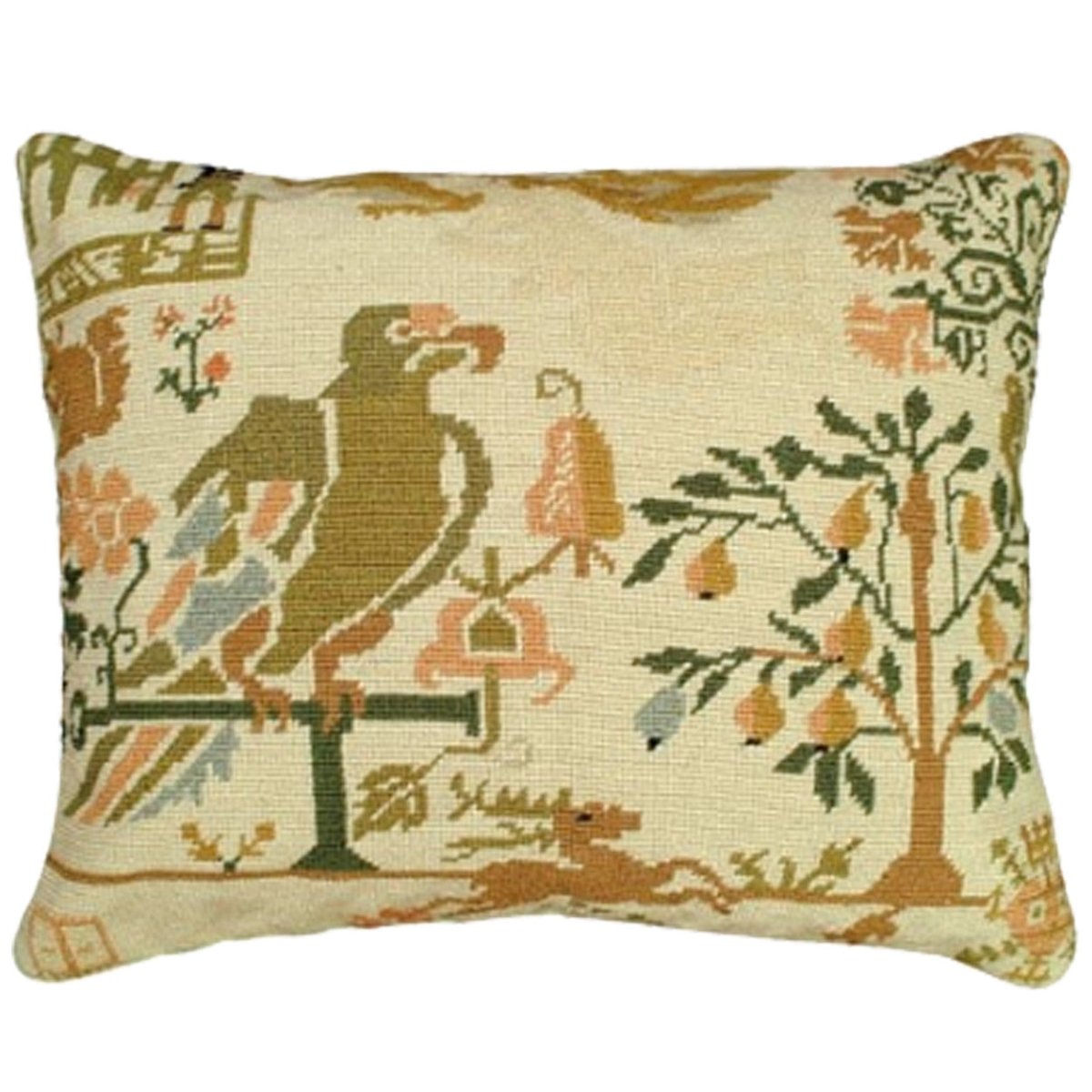 Partridge Sampler Colonial Williamsburg needlepoint throw pillow with artisan decorative design