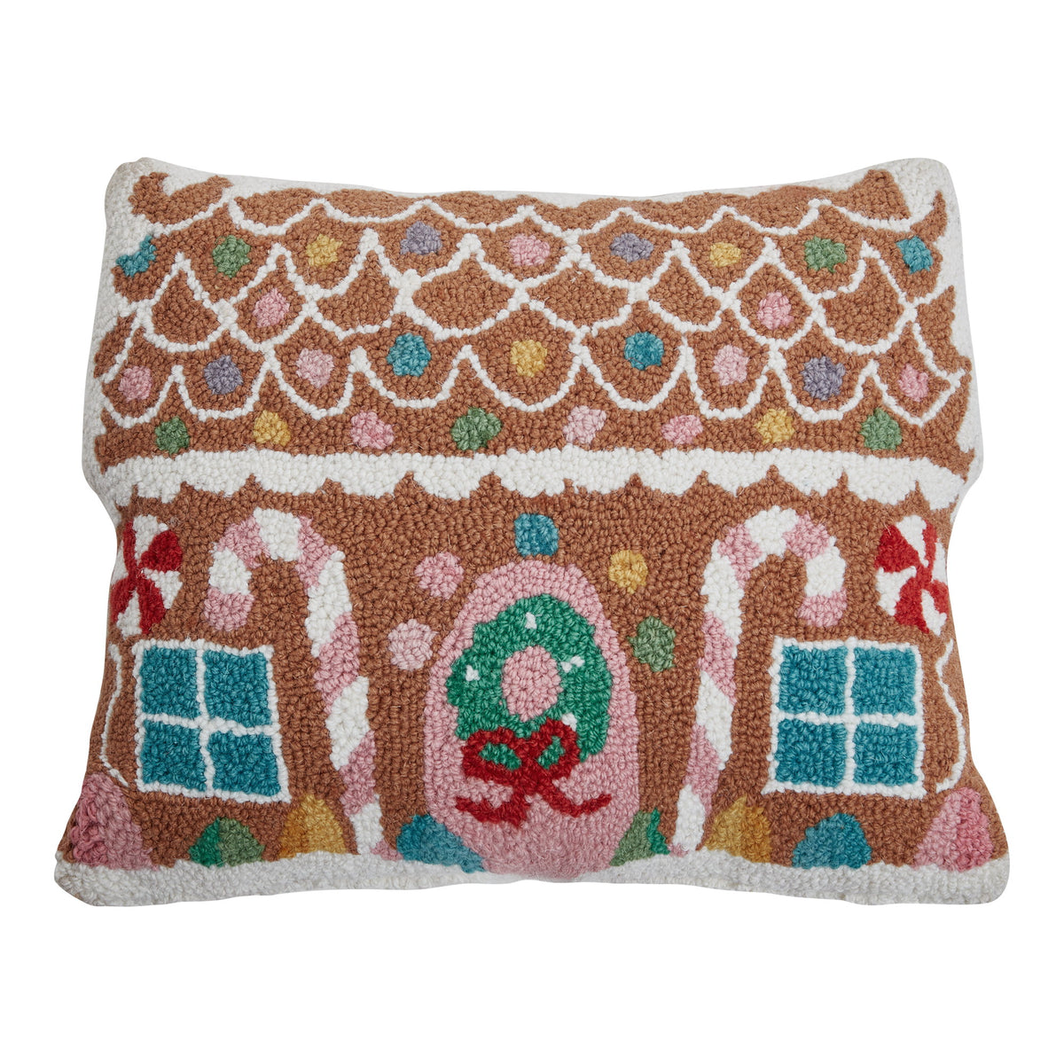 Pastel Gingerbread House Hooked Wool Christmas Throw Pillow, 14x18 inch, front view