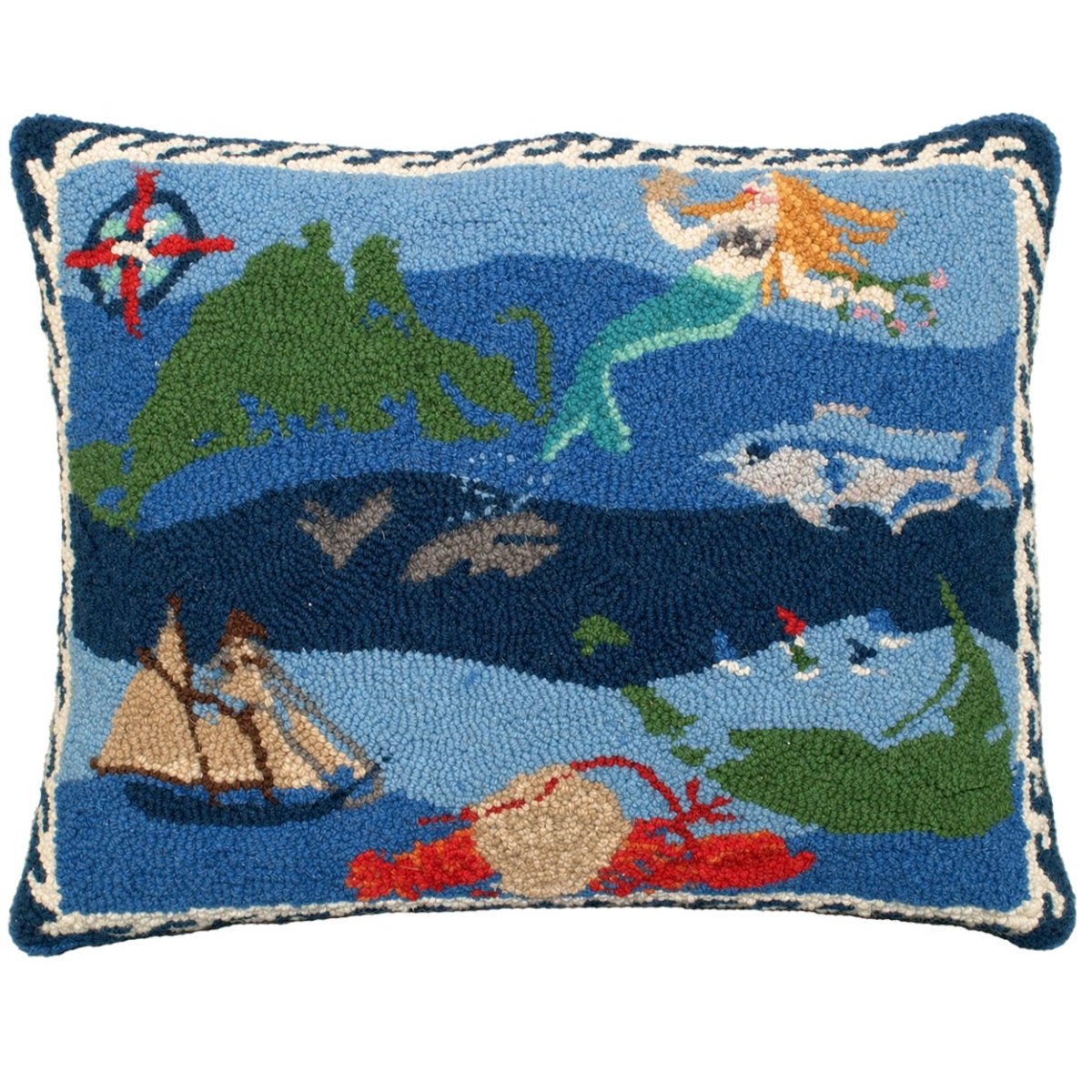 Patchwork Ocean Wool Hooked Throw Pillow, 16x20, front view