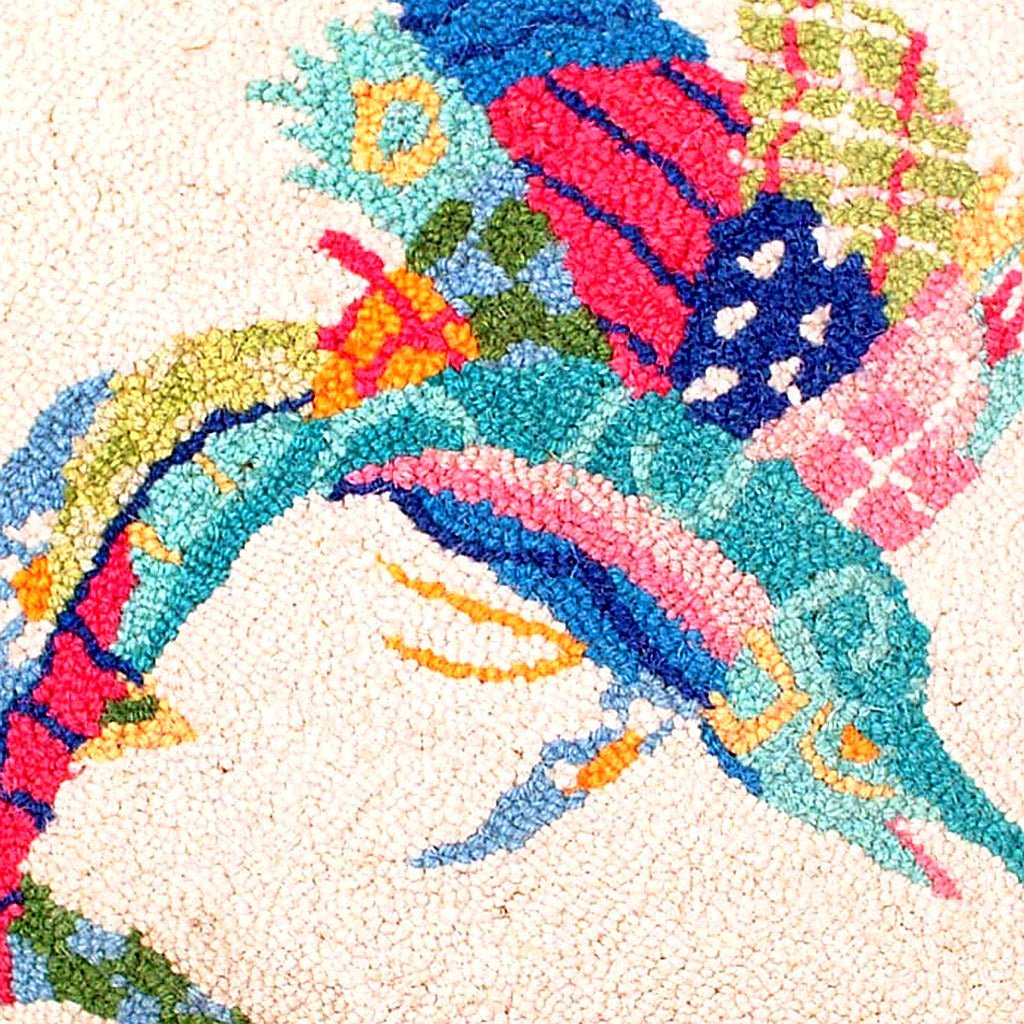 Hand-stitched wool detail of Patchwork Sailfish Maritime Wool Hooked needlepoint pillow showing intricate weave pattern and texture