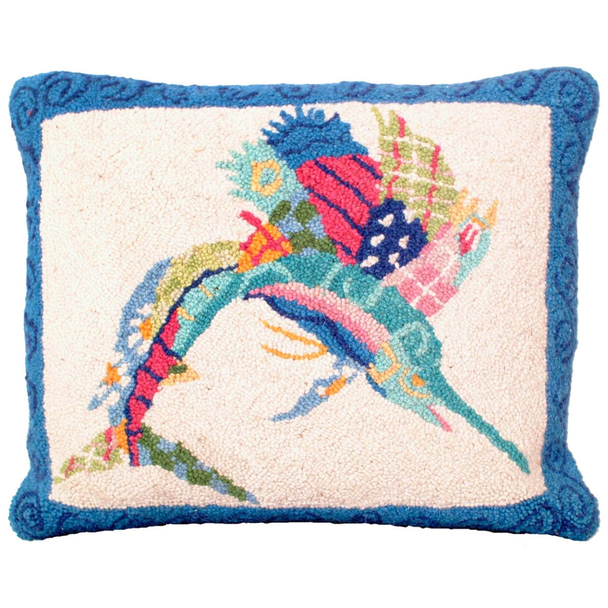 Patchwork Sailfish Maritime needlepoint throw pillow with aquatic fishing design